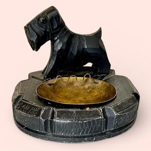 Vintage Dog Ashtray Black Forest Carved Wood Brass Trinket Dish Scotty Terrier